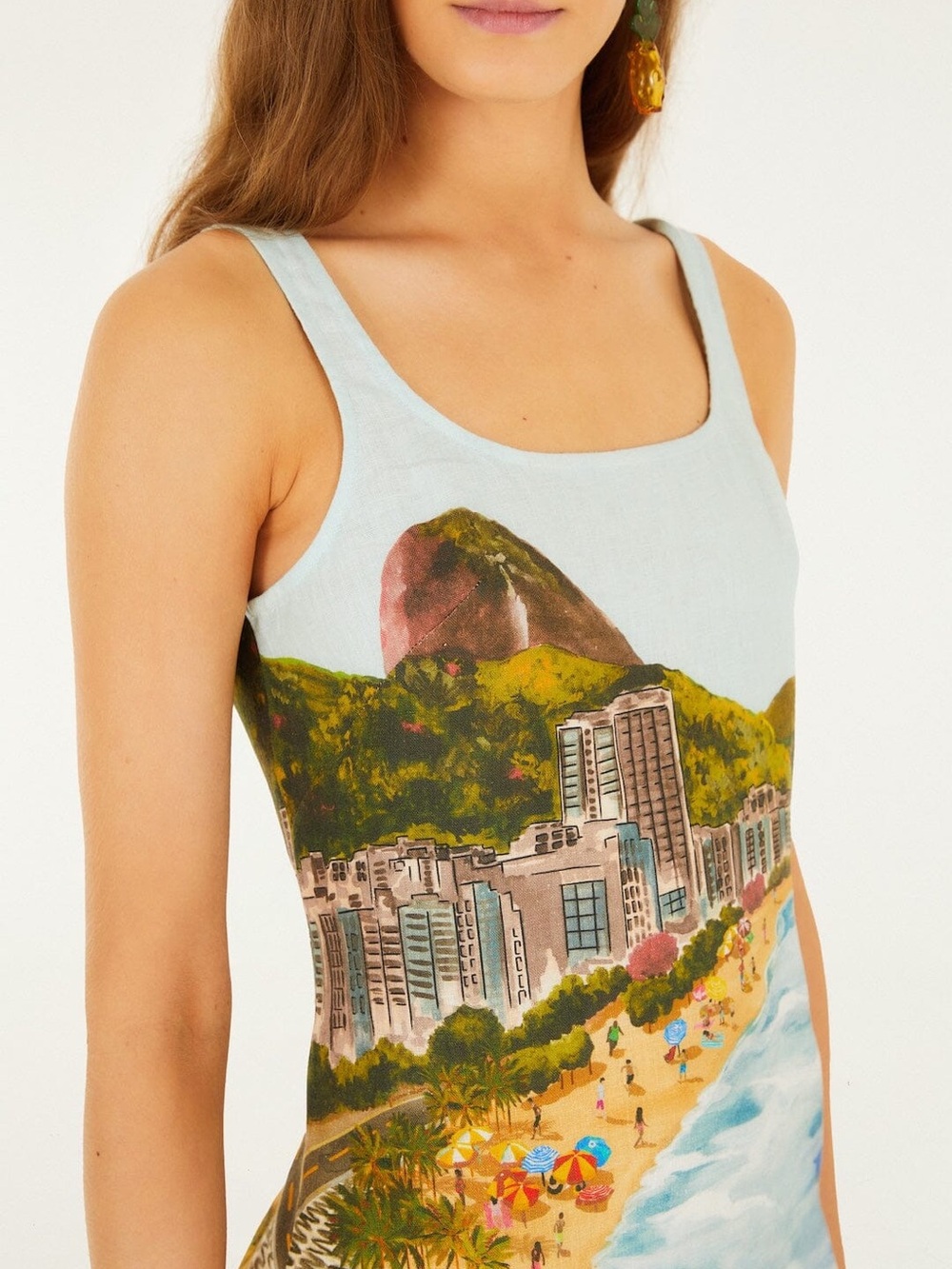 FARM Rio 100% Linen Light Blue Scenic Beach Print Mini Dress - Picture 3 of 3